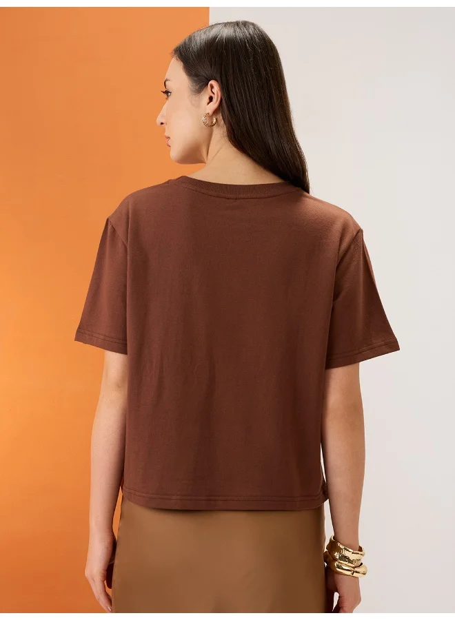 globus Women Brown Typography Print Round Neck Short Sleeves Boxy Fit T-Shirt