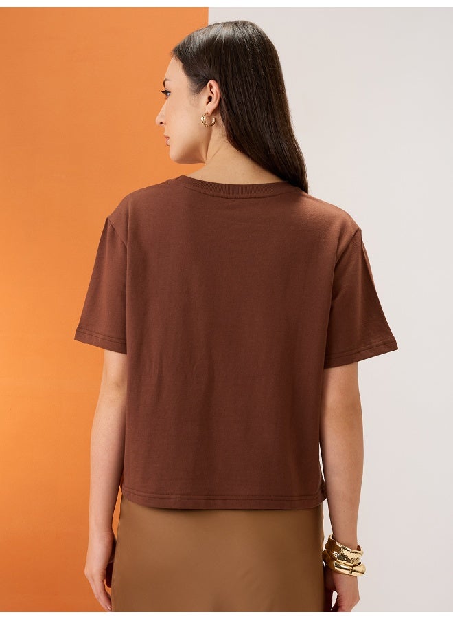globus Globus Women Brown Typography Print Round Neck Short Sleeves Boxy Fit T-Shirt - Image 3