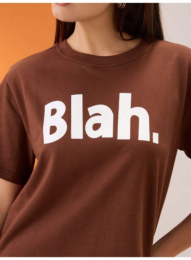 globus Globus Women Brown Typography Print Round Neck Short Sleeves Boxy Fit T-Shirt - Image 4