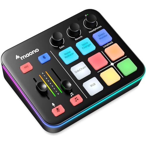 Maono ماونو ميكسر بودكاست وأوديو للألعاب، ميكسر RGB للبث على الحاسوب مع واجهة ميكروفون XLR، بلوتوث، منزلق للتحكم في الصوت، زر كتم، طاقة فانتوم 48V، للبودكاست/التسجيل/الصوتيات/صوت الألعاب - G1 NEO، أسود - Image 1