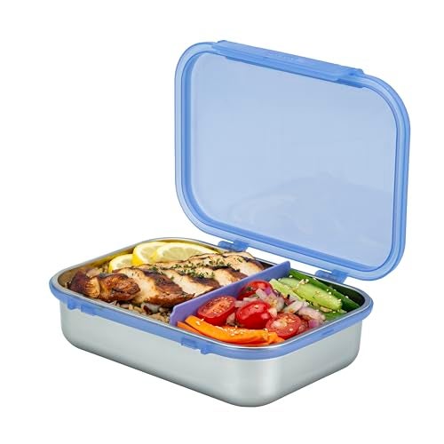 Smash 61oz / 1.8L Microwave Safe Stainless Steel Bento Box with Purple Hinged Lid – 2 Compartments with Movable Divider, Leak-Proof Clip Closure & Silicone Seal - Image 1