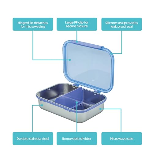 Smash 61oz / 1.8L Microwave Safe Stainless Steel Bento Box with Purple Hinged Lid – 2 Compartments with Movable Divider, Leak-Proof Clip Closure & Silicone Seal - Image 2