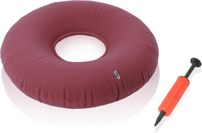DONUT PILLOW - 15" INFLATABLE DONUT CUSHION FOR TAILBONE PAIN RELIEF - SEAT CUSHION FOR HEMORRHOIDS, BED SORES, PROSTATITIS - VINYL & FLANNEL - RED