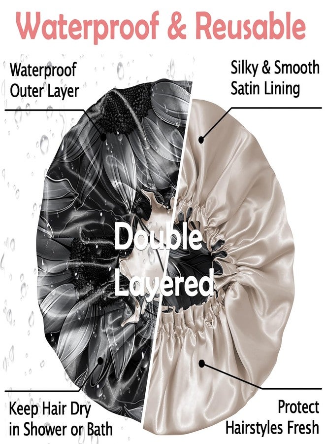 Cabreche Luxury Shower Cap Satin Silk Lined Adjustable Elastic Reusable Waterproof Shower Bath Cap Cute for Women Girls-Black Sunflower - Image 3