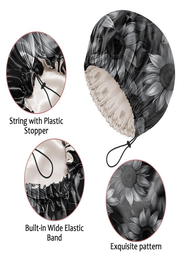 Cabreche Luxury Shower Cap Satin Silk Lined Adjustable Elastic Reusable Waterproof Shower Bath Cap Cute for Women Girls-Black Sunflower - Image 4