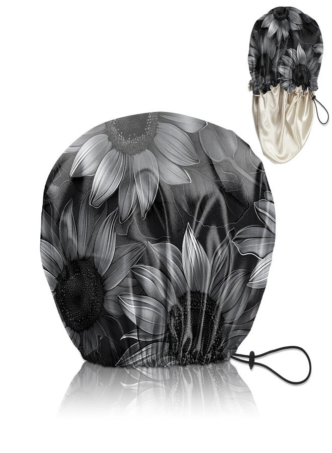 Cabreche Luxury Shower Cap Satin Silk Lined Adjustable Elastic Reusable Waterproof Shower Bath Cap Cute for Women Girls-Black Sunflower - Image 1