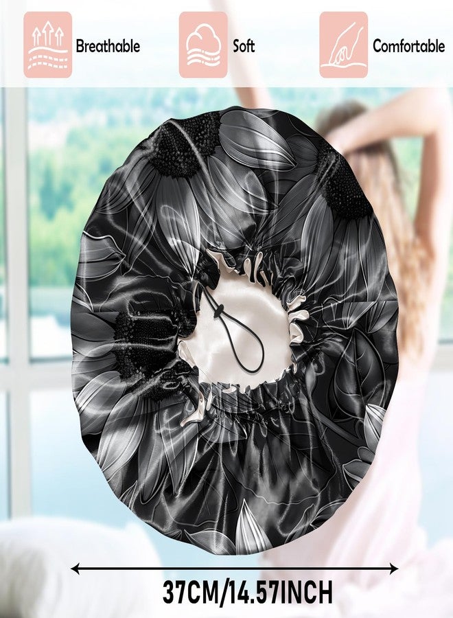 Cabreche Luxury Shower Cap Satin Silk Lined Adjustable Elastic Reusable Waterproof Shower Bath Cap Cute for Women Girls-Black Sunflower - Image 2