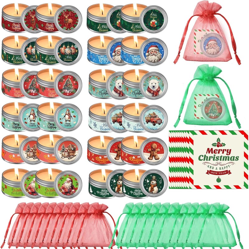 MTLEE 24 Sets Christmas Scented Soy Wax Candles Aromatherapy Candles with Organza Bag and Cards Bulk, Portable Travel Tin Candle Party Favors Christmas Gifts for New Year Home Supplies(Retro)