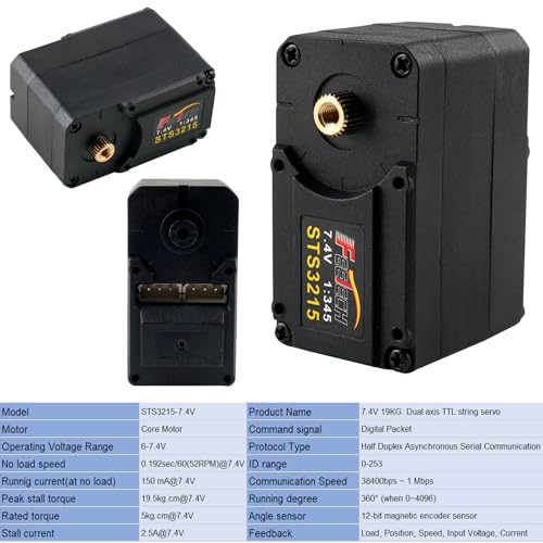 DIYmall 2PCS STS3215 74V 19KG Dual Axis TTL Serial Bus Smart Robot Servo 360 Degree Metal Gear 12Bits Magnetic Coding Programmable Servo for Robotic Arm - Image 5