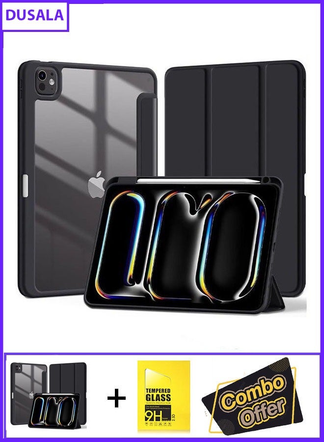DUSALA 2 in 1 Case for Case for iPad Pro 11 inch (M4) 2024 with Pencil Holder, Slim Stand Protective Cover with Clear Transparent Back Shell for iPad Pro 11 inch Tablet, Support Auto Wake/Sleep With Tempered Glass - Image 1