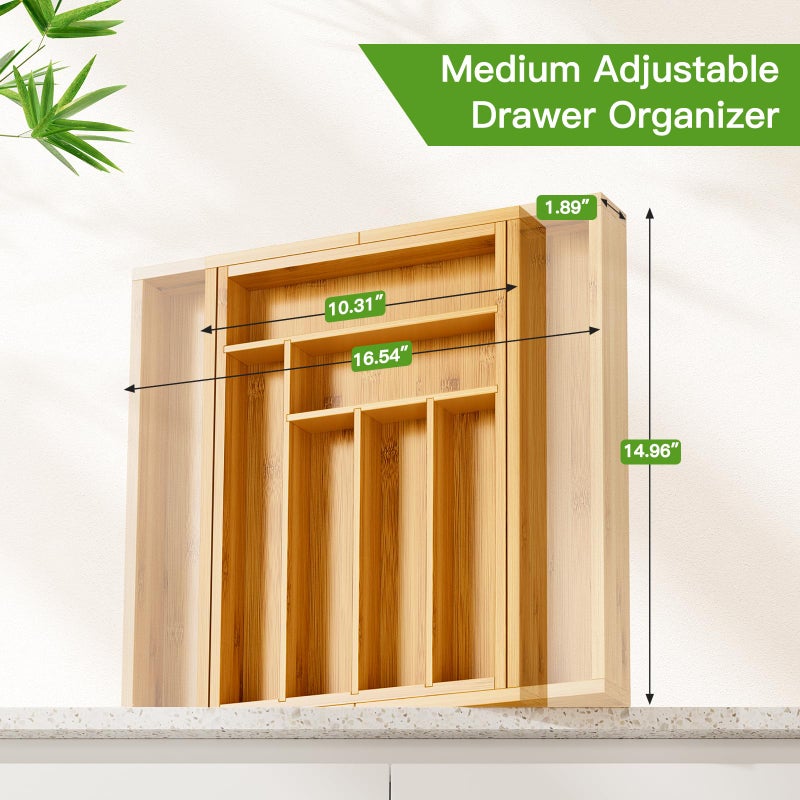 Pipishell Bamboo Expandable Drawer Organizer for Utensils Holder, Adjustable Cutlery Tray, Wood Drawer Dividers Organizer for Silverware, Flatware, Knives in Kitchen, Bedroom, Living Room(M-N) - Image 2