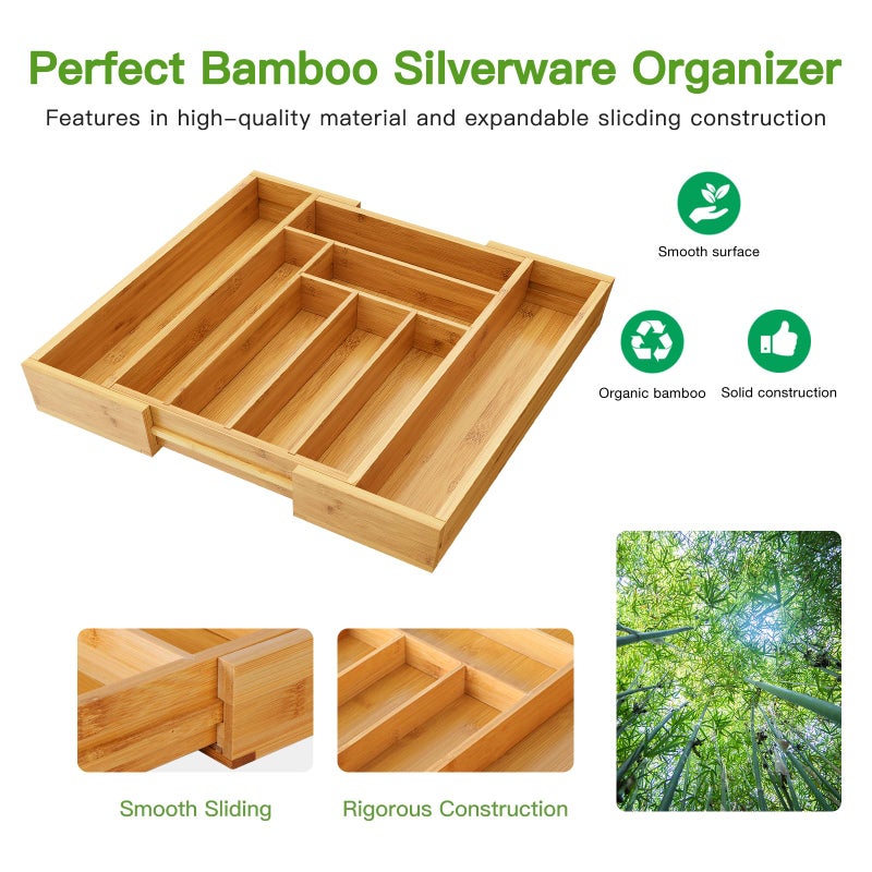 Pipishell Bamboo Expandable Drawer Organizer for Utensils Holder, Adjustable Cutlery Tray, Wood Drawer Dividers Organizer for Silverware, Flatware, Knives in Kitchen, Bedroom, Living Room(M-N) - Image 5