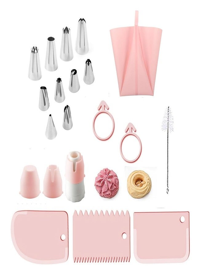 Joyeee مجموعة أكياس تزيين الكعك القابلة لإعادة الاستخدام من Joyeee مع نصائح، 18 قطعة، مجموعة تزيين الكعك، فرشاة تنظيف الكعك، مكشطة، أكياس تزيين للكب كيك والبسكويت، كريمة مخفوقة، طين، DIY للحفلات - وردي - Image 1