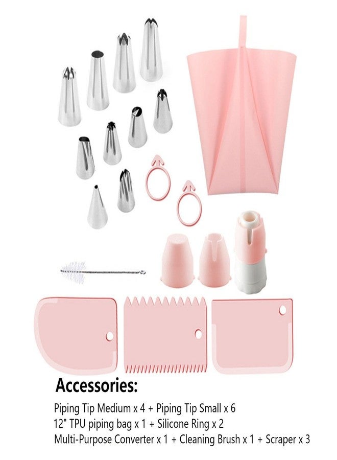 Joyeee مجموعة أكياس تزيين الكعك القابلة لإعادة الاستخدام من Joyeee مع نصائح، 18 قطعة، مجموعة تزيين الكعك، فرشاة تنظيف الكعك، مكشطة، أكياس تزيين للكب كيك والبسكويت، كريمة مخفوقة، طين، DIY للحفلات - وردي - Image 3