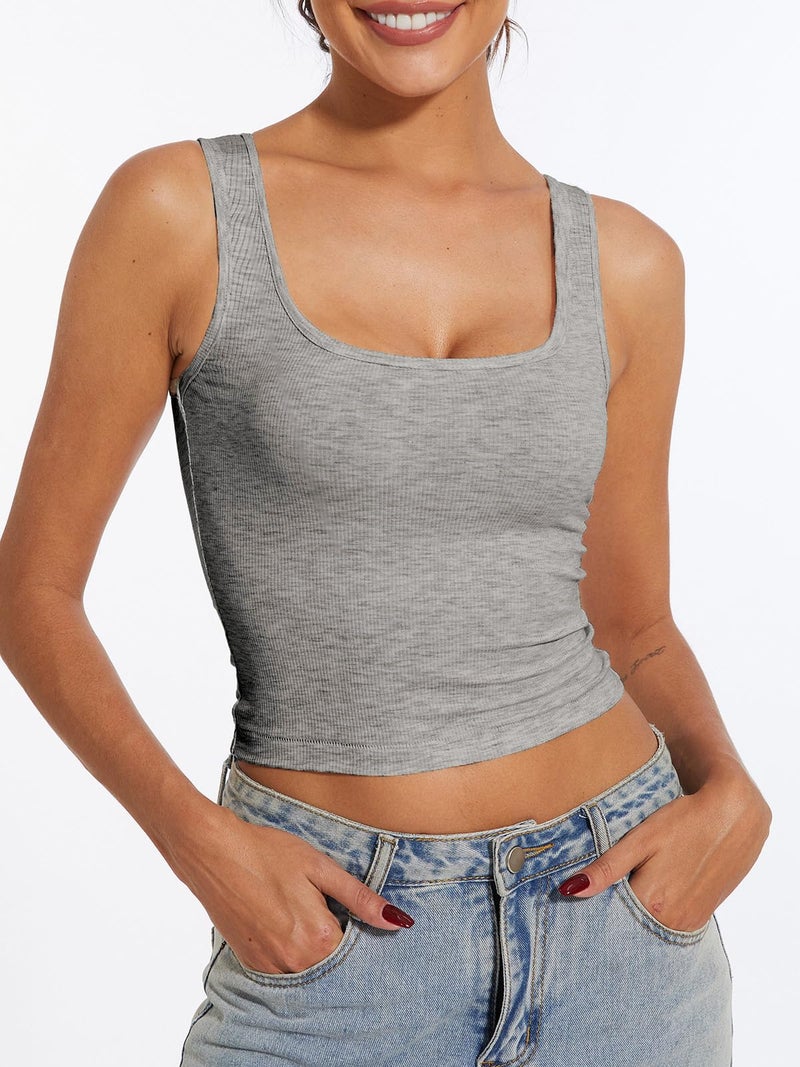 AnotherChill Women's Ribbed Crop Tank Tops Scoop Neck High Back Basic Sleeveless Rib Shirt Summer Athletic Top (Heather-Grey, Small) - Image 4