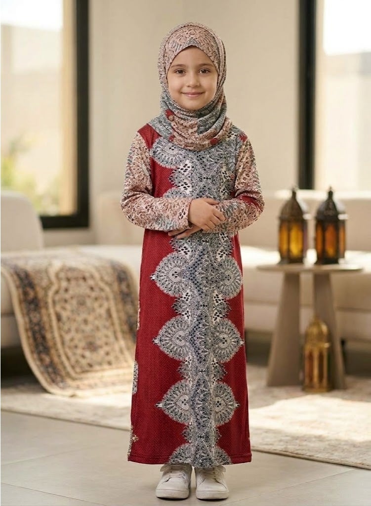 Kids Girls Prayer Esdall / Abaya Size 10 Patterned Red with Matching Sleeves and Hood - Islamic Prayer Dress - Image 1