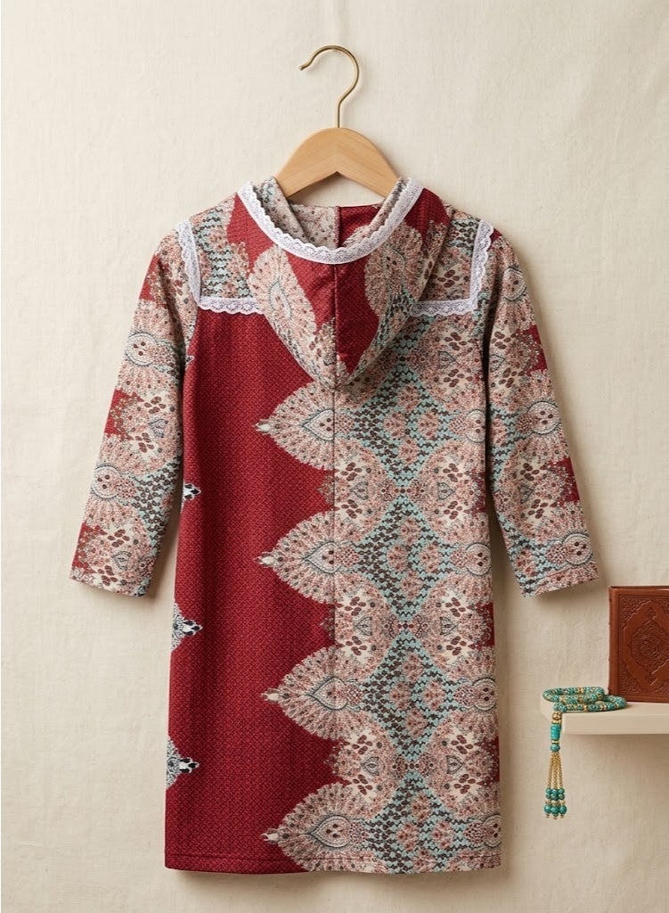 Kids Girls Prayer Esdall / Abaya Size 10 Patterned Red with Matching Sleeves and Hood - Islamic Prayer Dress - Image 2