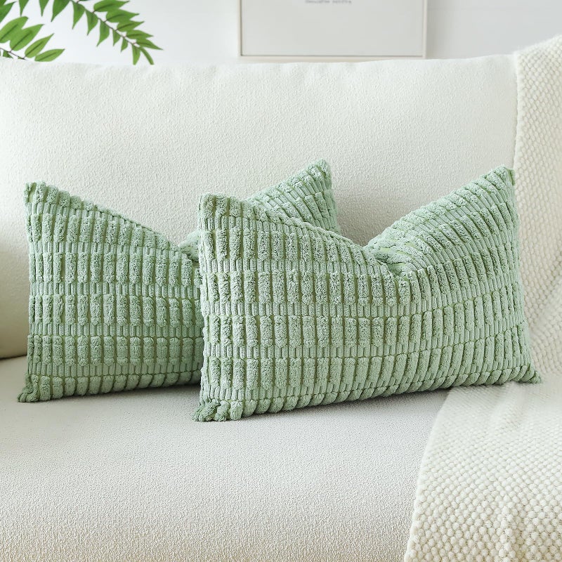 JOTOM Set of 2 Corduroy Soft Striped Cushion Covers 30x50 cm Boho Decorative Throw Pillow Covers Lumbar Cushion Case Couch Home Decor Pillowcases for Sofa Bedroom 12x20 Inch Sage Green