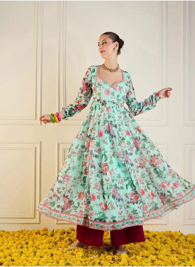 SASSAFRAS Floral Print Long Anarkali Kurta by Styli