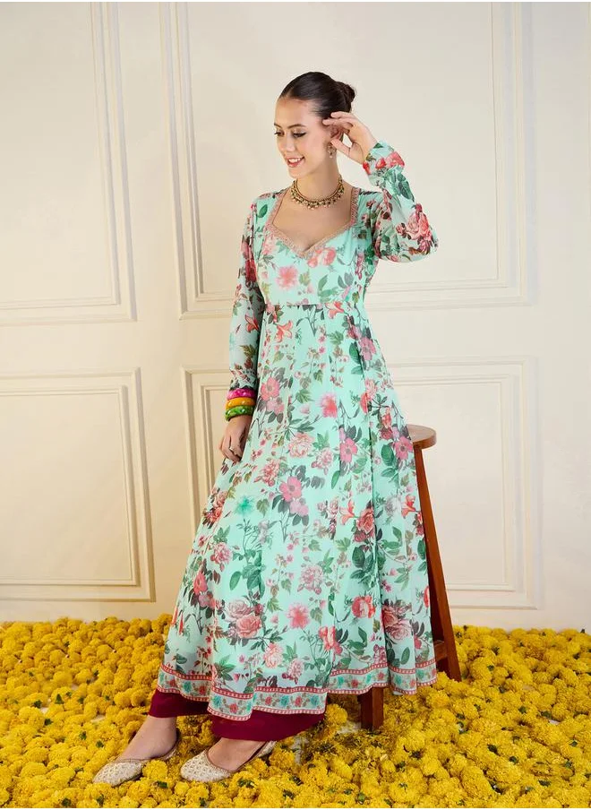 SASSAFRAS Floral Print Long Anarkali Kurta by Styli