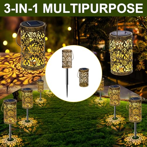 MMHF 4 Pack Solar Pathway Lights Lights Outdoor, LED Solar Lantern Bright Metal Retro Waterproof, Outside Decorative Rose Hanging Lanterns Solar Powered for Path Lawn Patio Yard Walkway (Rose, 4 Pack) - Image 2