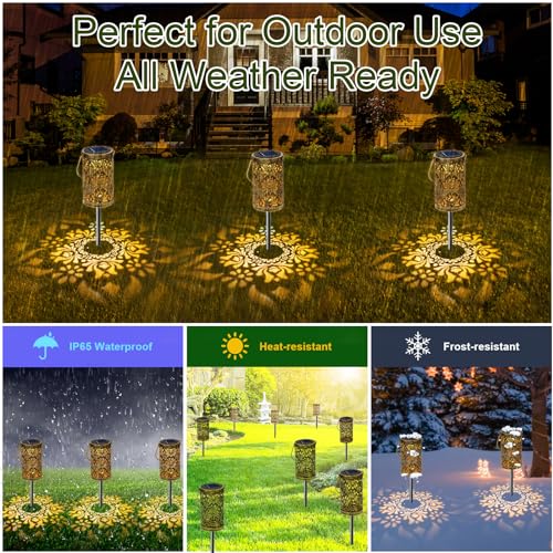 MMHF 4 Pack Solar Pathway Lights Lights Outdoor, LED Solar Lantern Bright Metal Retro Waterproof, Outside Decorative Rose Hanging Lanterns Solar Powered for Path Lawn Patio Yard Walkway (Rose, 4 Pack) - Image 3