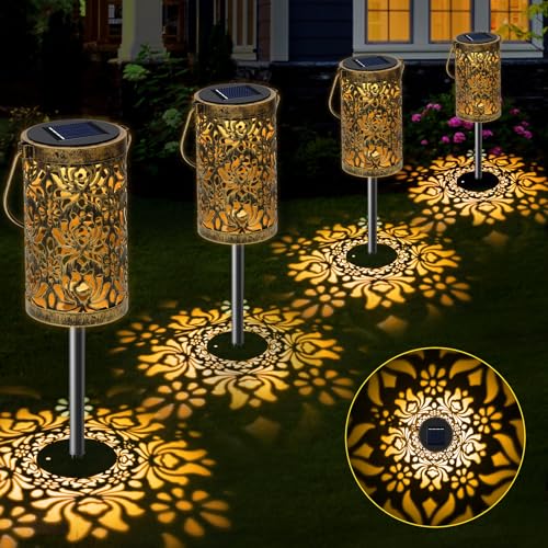 MMHF 4 Pack Solar Pathway Lights Lights Outdoor, LED Solar Lantern Bright Metal Retro Waterproof, Outside Decorative Rose Hanging Lanterns Solar Powered for Path Lawn Patio Yard Walkway (Rose, 4 Pack) - Image 1