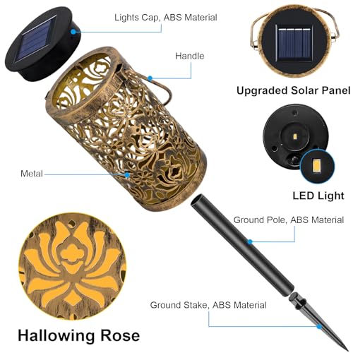 MMHF 4 Pack Solar Pathway Lights Lights Outdoor, LED Solar Lantern Bright Metal Retro Waterproof, Outside Decorative Rose Hanging Lanterns Solar Powered for Path Lawn Patio Yard Walkway (Rose, 4 Pack) - Image 5