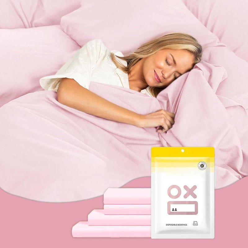KSA market popular practical build Disposable Bedding Set – 4-Piece Pack (1 Bed Sheet, 1 Quilt Cover, 2 Pillowcases), 200×220 cm, Pink Color, Hygienic & Portable – Ideal for Salon, Spa, Clinic, Travel & Guest Use. Flexible usage build - Image 1