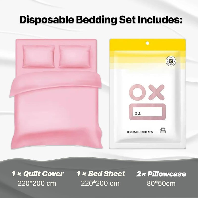 KSA market popular practical build Disposable Bedding Set – 4-Piece Pack (1 Bed Sheet, 1 Quilt Cover, 2 Pillowcases), 200×220 cm, Pink Color, Hygienic & Portable – Ideal for Salon, Spa, Clinic, Travel & Guest Use. Flexible usage build - Image 3