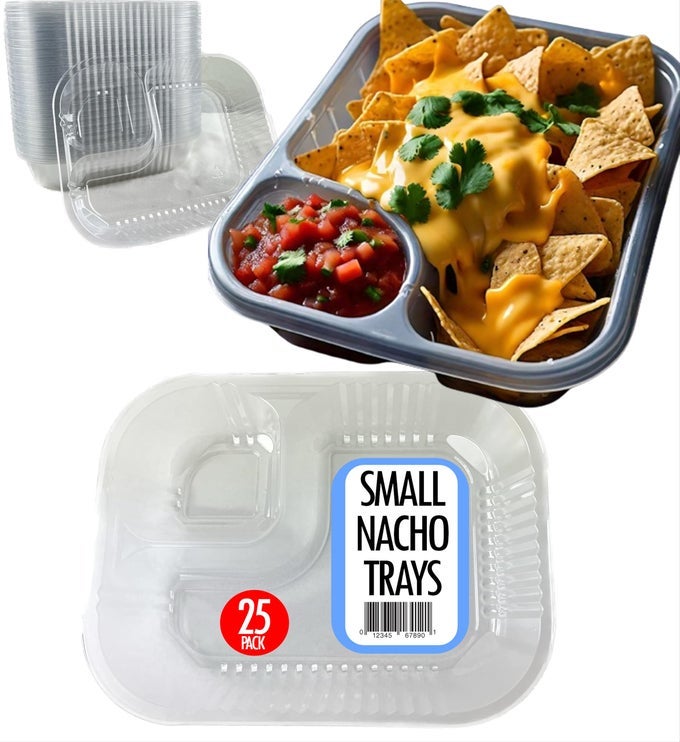 DISPOSABLE PLASTIC NACHO TRAYS WITH 2 COMPARTMENTS 12OZ CRYSTAL CLEAR NACHOS TRAYS FOR CHEESE DIP CONCESSION STANDS MOVIE NIGHTS SPORTS PARTIES LEAKRESISTANT FREEZER SAFE 25 PACK