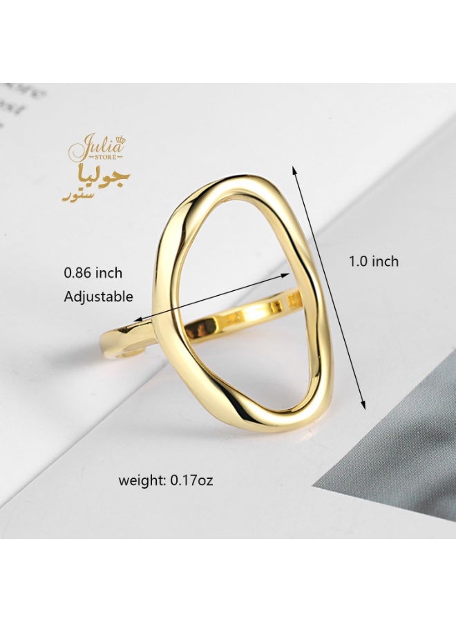 Julia Store 18K Gold Plated Stainless Steel Oval Round Loop Open Statement Classic Adjustable Minimalist Geomatic Circle Ring for Women Free Size  - Image 2