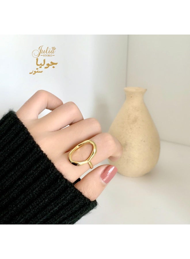 Julia Store 18K Gold Plated Stainless Steel Oval Round Loop Open Statement Classic Adjustable Minimalist Geomatic Circle Ring for Women Free Size  - Image 3