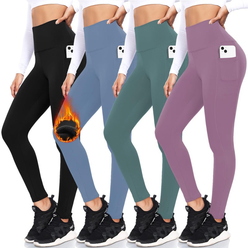 FULLSOFT 4 Pack Fleece Lined Leggings with Pockets for Women High Waisted Thermal Winter Warm Yoga Pants for Workout Running Plus Size(Black,Pink,Ins Green,Blue(4 Pack),XX-Large-3X-Large) - Image 1