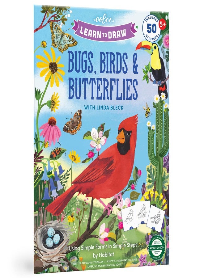 eeBoo: Learn to Draw - Bugs, Birds & Butterflies - 32 Page Activity Book & 50 Stickers Set, Fun Nature-Themed Step-by-Step Drawing & Coloring, Kids 5+ - Image 1