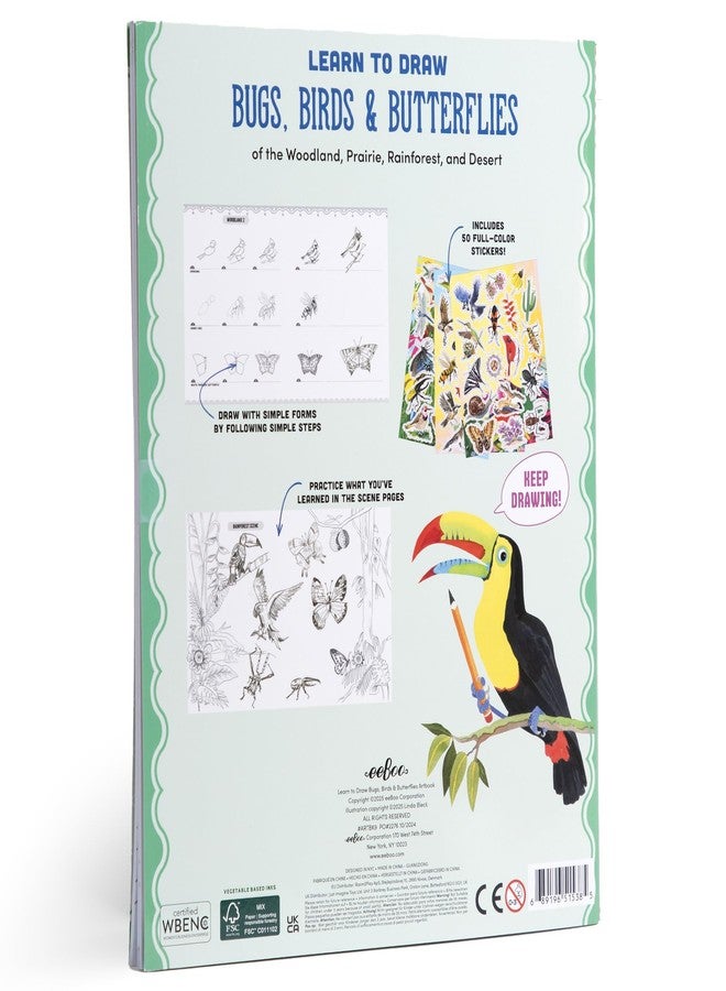 eeBoo: Learn to Draw - Bugs, Birds & Butterflies - 32 Page Activity Book & 50 Stickers Set, Fun Nature-Themed Step-by-Step Drawing & Coloring, Kids 5+ - Image 2