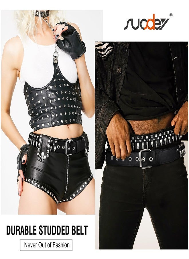 سوزدي حزام أسود مرصع من SUOSDEY، حزام فضي معدني بحلقات معدنية من طراز Y2K للرجال والنساء بنمط موسيقى البانك روك، مناسب للجينز والسراويل (أسود، مقاس 32-38) - Image 2