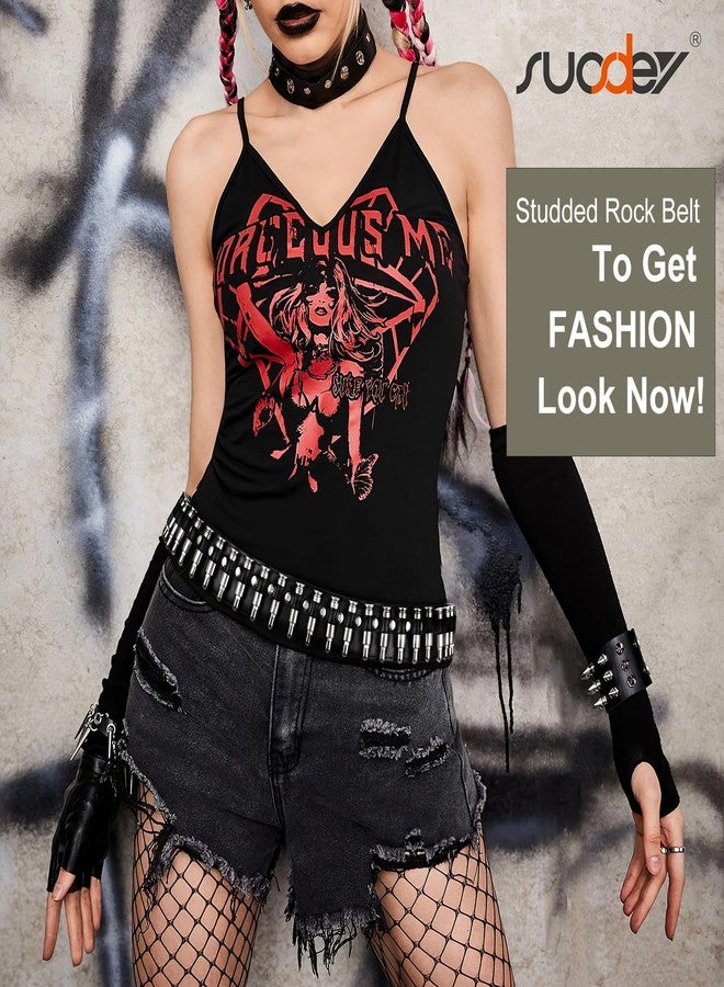 سوزدي حزام أسود مرصع من SUOSDEY، حزام فضي معدني بحلقات معدنية من طراز Y2K للرجال والنساء بنمط موسيقى البانك روك، مناسب للجينز والسراويل (أسود، مقاس 32-38) - Image 5