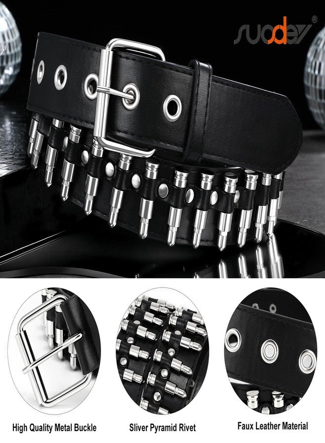 سوزدي حزام أسود مرصع من SUOSDEY، حزام فضي معدني بحلقات معدنية من طراز Y2K للرجال والنساء بنمط موسيقى البانك روك، مناسب للجينز والسراويل (أسود، مقاس 32-38) - Image 4