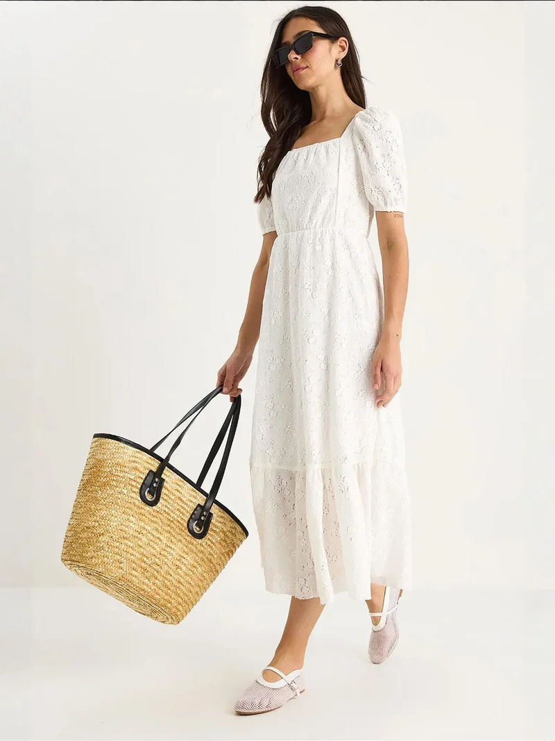 بيانكو لوتشي فستان ميدي دانتيل غيبيور بياقة مربعة من لوتشي