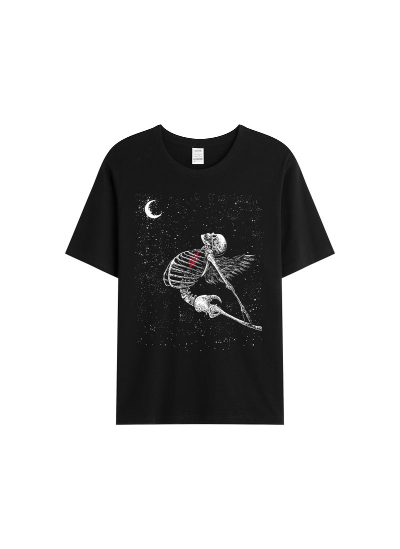 Generic - Casual Plus Size Mens Womens Halloween Skull Print T-Shirt Loose Fit Short Sleeves European Style Love Bone Design Navy blue - Image 1