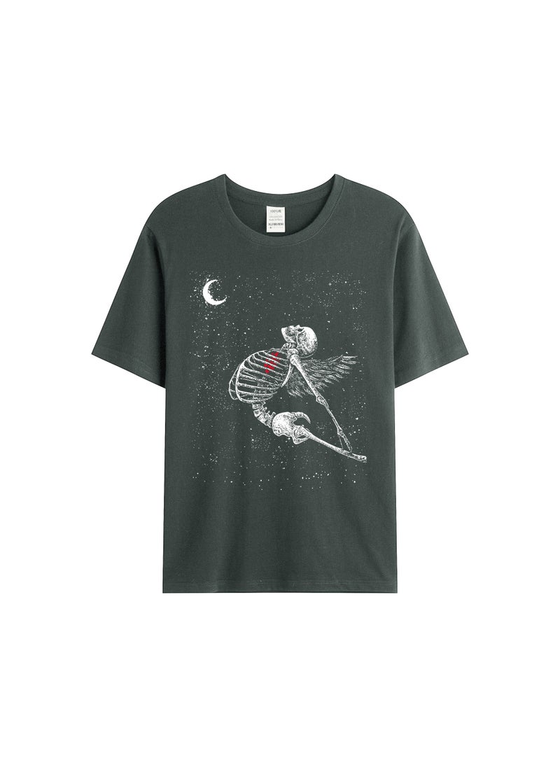 Generic - Casual Plus Size Mens Womens Halloween Skull Print T-Shirt Loose Fit Short Sleeves European Style Love Bone Design Navy blue - Image 1