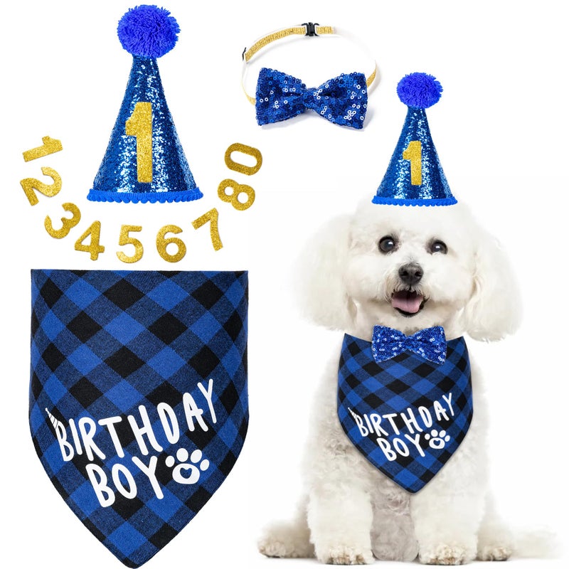 Hoewina Dog Cat Birthday Party Supplies Dog Cat Birthday Decorations Hat Bandana Bow Tie Collar Set with 08 Number for Large Medium Small Pet Large Blue - Image 2
