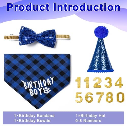 Hoewina Dog Cat Birthday Party Supplies Dog Cat Birthday Decorations Hat Bandana Bow Tie Collar Set with 08 Number for Large Medium Small Pet Large Blue - Image 3