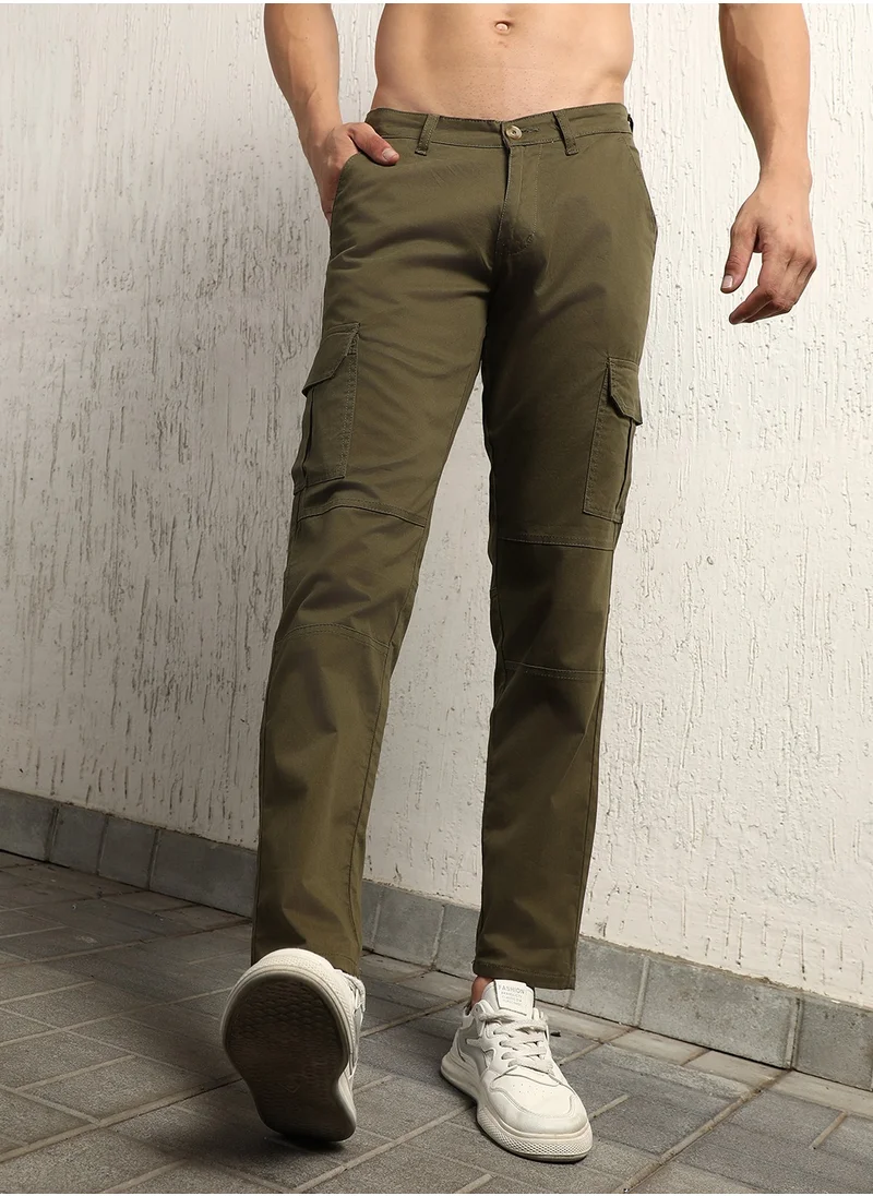 هوبرهولمي Slim Fit Dark Olive Trousers for Men, Easy Wash Design