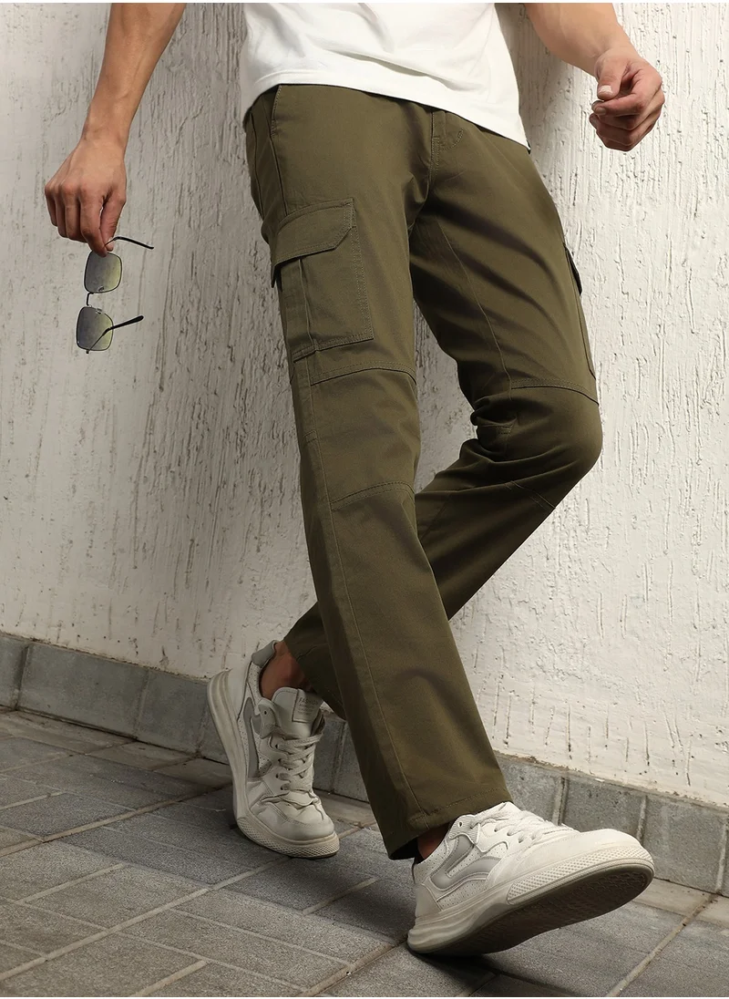 هوبرهولمي Slim Fit Dark Olive Trousers for Men, Easy Wash Design