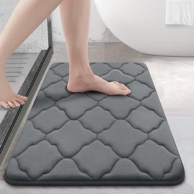 MEMORY FOAM BATH MAT RUG 24X16 SOFT AND ABSORBENT BATHROOM RUGS NONSLIP COMFORTABLE MACHINE WASHABLE BATH CARPET FOR BATHROOM FLOOR TUB SHOWER AND HOME DECOR ACCESSORIES DARK GREY