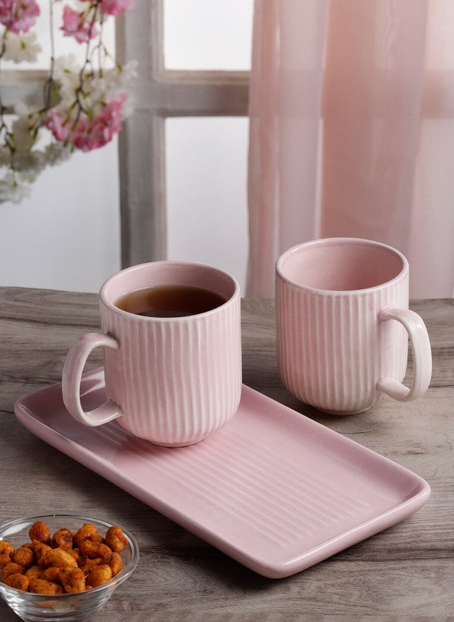 Arrabi Mugdha Pink Textured Ceramic Microwave Safe 2 Piece Mug with Tray - 220ml - Image 1