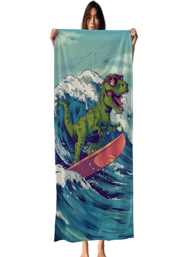FIicy Funny Dinosaur Beach Towel, Coastal Dino Pool Towels, Surfing Dinosaur Gifts Large Beach Bath Travel Towels for Kids Girls Boys, Funny Surfer Dino Bathroom Accessories Decor, 30x60in - Image 1