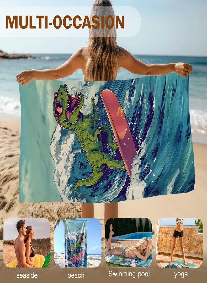 FIicy Funny Dinosaur Beach Towel, Coastal Dino Pool Towels, Surfing Dinosaur Gifts Large Beach Bath Travel Towels for Kids Girls Boys, Funny Surfer Dino Bathroom Accessories Decor, 30x60in - Image 5